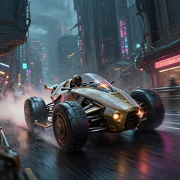 a sci - fi hover bike high speed chase down a brutalism looking city, dim neon lights, lens flare, epic, night life, heavy rain, deep focus, d & d, fantasy, intricate, elegant, highly detailed, digital painting, artstation, concept art, matte, sharp focus, illustration, hearthstone, art by artgerm and greg rutkowski and alphonse mucha