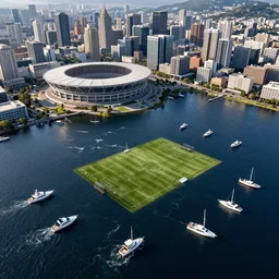 modern sprawling city with open soccer stadium, navy blue lake with many small boats and many yachts, turbulent reflective foamy water, photorealistic, hyperdetailed, beautiful, epic scene, dramatic lighting, aerial view,