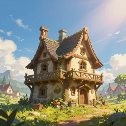 an illustration of the small medieval fantasy house in a town with many cute beautiful blue sky scenery, cinematic view, epic sky, detailed, concept art, low angle, high detail, warm lighting, volumetric, godrays, vivid, beautiful, trending on artstation, by jordan grimmer, huge scene, grass, art greg rutkowski