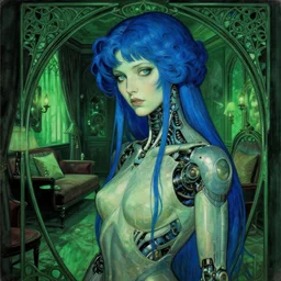 blue hair cyborg girl with pale skin in a gloomy hotel room with green neon lights. portrait drawing by enki bilal. art nouveau, neo - gothic, gothic, rich deep moody colors