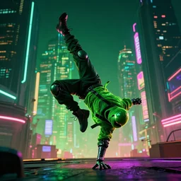green ctv footage of a cyborg ninja doing parkour in cyberpunk city with neon lights tron