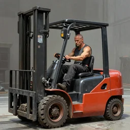 a bald man driving a fork lift truck by Frank Frazetta, Ivan Aivakovsky, Boris Vallejo, epic character art, full length, Exquisite detail, post-processing, masterpiece, cinematic, 8k, ultra realistic, hyper detailed