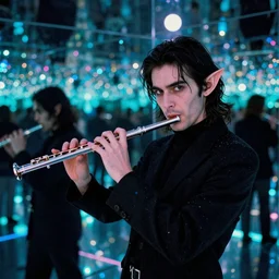 led infinite mirror effect in a album cover of a 3 / 4 view of a nosferatu playing the flute, elf ears, looking at the camera, galactic disco funk, vintage, grainy