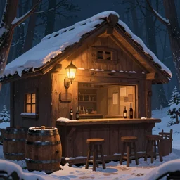 on a snowy night, a medieval wine barrel wooden house bar in the magic forest, the retro wall lamp on the wooden wall emits warm light, and the atmosphere is full of liver ) ) ) ) trending on artstation, illustrated by greg rutkowskia, 4 k digital art, the style of lands 2 ) )