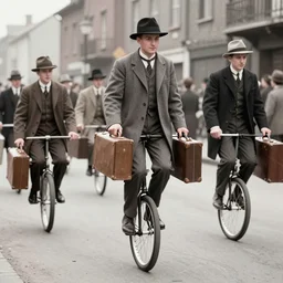 colorized 1930 style street photography with many people riding unicycles while wearing  hats, coats and suitcases