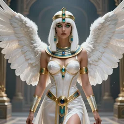 attractive white haired egyptian queen wearing white dove wings, warframe armor, regal, attractive, ornate, sultry, sexy, beautiful, elize theron, pretty face, green eyes, scifi platform, 4 k, ultra realistic, epic lighting, illuminated, cinematic, masterpiece, art by akihito tsukushi, voidstar, artgerm