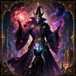 high fashion, beautiful mid body portrait, evil powerful wizard mage, intricate colorful cosmic uncontrollable magic battle, skyrim, witcher, rococo baroque gothic oriental eastern victorian cyberpunk city vista, artstation, tyle of artgerm, andreas rocha, hiroshi nagai