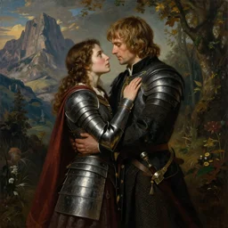 attractive handsome fully clothed jaime lannister confesses his love for attractive fully armored brienne of tarth. centered composition. arthurian mountain and forest background. highly detailed painting by gaston bussiere and j. c. leyendecker and william adolphe bouguereau and fra angelico and octane render, musee d'orsay 8 k