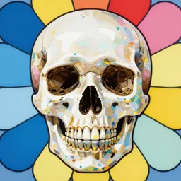 colourful upper half portrait of an santeria crystal skull art by takashi murakami, highly detailed, digital painting, ray tracing, concept art, illustration, smooth sharp focus, intricate, symmetry, artstation,