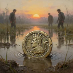 a detailed and accurate masterpiece painting of a small incan coin in muddy water in a swamp, foggy sunset, by tyler edlin, noah bradley, john j. park, jordan grimmer trending on artstation
