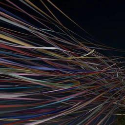 thousands of thin twisted ribbons of colorful fabric unravel chaotically in strong winds across a dark night sky, unreal engine