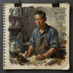 asset sheet, material study ( caricature ) shopkeeper ( hyperrealistic surrealist style oil paint on canvas ) foreboding