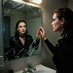 cinestill 5 0 d candid photographic portrait by quentin tarantino of a beautiful feminine man wearing black techwear and light makeup looking in a broken bathroom mirror, rundown new york apartment, full shot, retrofuturism grunge cyberpunk lights shadows refraction, 3 5 mm, f / 3 2, 4 k, 8 k, hd, high resolution, ultra realistic faces, photorealistic, intricate detail, clockwork orange