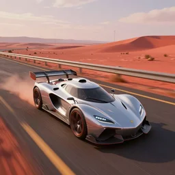 photo of rocket league car on a highway in a red desert, photorealistic, real, edited in photoshop, clean, smooth, ultra realistic, volumetric lighting, highly detailed, octane render, trending on unreal engine, epic lighting