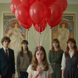 medium shot ultra high resolution photo by todd solondz of a shy young girl facing the camera with a quizzical expression holding dozens of red balloons by their strings, todd solondz, alphonse mucha, rhads, rebecca guay, artstation, artgerm, octane render
