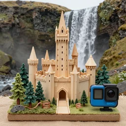 high - res gopro photograph of a eood sculpture diorama with fantasy castles, highly detailed sculpey diorama, forest setting in iceland, waterfall backdrop, realistic materials, wood, felt, cloth, burlap, copper wire, hot glue, smooth, sharp foccus, commercial product photography,