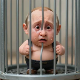 shocked putin dwarf with tears in cage, hell, hyper - realistic, sharp focus, depth of field, hyper - detailed visionary art, symmetric, hell, holy halo, dramatic ambient lighting, high detail, vibrant colors, the thing 1 9 8 2, judgment day, apocalypse
