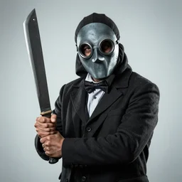 grimace holding a machete and wearing a plague doctor mask
