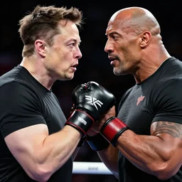 Photograph of Elon Musk fighting Dwayne Johnson. Extremely detailed. 4K.