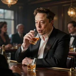 elon musk drinking alcohol in a bar with his friends photo - realistic digital painting