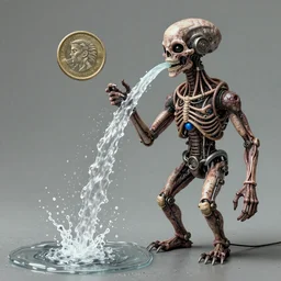 a stream of water entering a humanoid machine and producing a coin in the style of h r Giger
