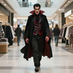 vampire with bloody clothes walking in a shopping mall, 8 k, trending on artstation