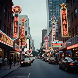 a matte painting a city street filled with lots of neon signs 1969 flickr neoism by Aaron Nagel, photo taken with fujifilm superia provia photo taken with provia