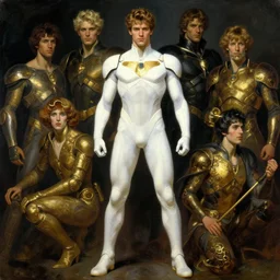 full character of a handsome futuristic superhero in white clothes, character design, painting by gaston bussiere, katsuya terada, nc wyeth, greg rutkowski, craig mullins, vermeer, frank frazetta, mucha, tom of finland, trending on artstation, jeffery catherine jones, rule of thirds, dark!, armored!!! gold!!!