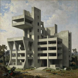 classical landscape paintings of brutalist concrete structures, masterpiece, insanely detailed and intricate, by eugene von guerard