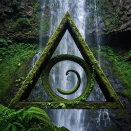 a triangle with a beautiful spiral in it against a background of a waterfall in a lush and sacred place