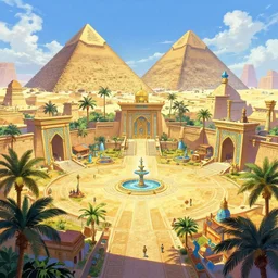 A wide open courtyard in an epic, colorful ancient Egyptian city, anime, pyramids, palm trees, fountain, a fantasy digital painting by Greg Rutkowski and James Gurney, trending on Artstation, highly detailed