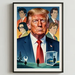 a transparent glass movie poster of brad pitt as president donald trump, risograph by laurie greasley, kawase hasui, josan gonzalez, jean giraud, moebius and edward hopper, colourful flat surreal design, in the style of oxenfree and hollow knight, super detailed, a lot of tiny details, fullshot