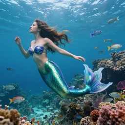 a beautiful mermaid swimming in the beautiful sea, fishes swimming, colorful reefs, intricate details, stunning, 4 k, octane render by artgerm