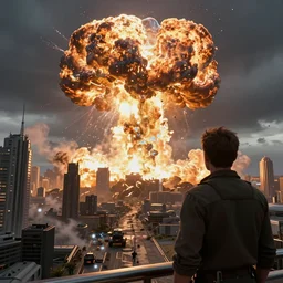 scifi action movie scene ralph mcquarrie digital art of someone witnessing destruction of the city, nuclear bomb blast, unreal engine, hyper realism, realistic shading, cinematic composition, blender render, octane render, hdr, detailed textures, photorealistic, ultrawide shot, 3 5 mm film