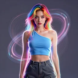 a award winning portrait of a beautiful woman with stunning eyes in a one off shoulder crop top and cargo pants with rainbow colored hair, outlined by whirling illuminated neon lines and fine lines swirling in circles by greg rutkowski, digital art, trending on artstation