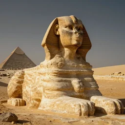 a shiba-inu stone sphinx in the egyptian desert