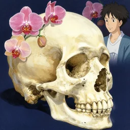 ortographic view of a large skull and vivid orchids by Jen Bartel and Dan Mumford and Satoshi Kon, gouache illustration