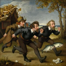 The medium shot of three sarcastic mans with fishes running away with a small profit of money, thinking they've made a great deal by Hieronymus Bosch, oil painting, 4k, masterpiece