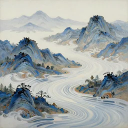 a wild landscape painting filled with energy patterns rippling in all directions, mountains, rushing water, saturated colors