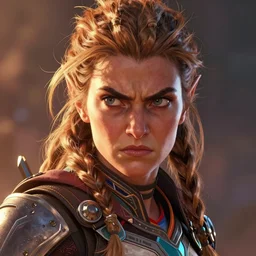 portrait of angry Aloy from Horizon: Zero Dawn, comic book illustration, by John Kirby