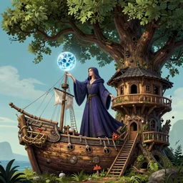 A sorceress  casting a ice ball, A treehouse made out of a derelict pirate ship, the treetops of giant oaks, detailed illustration, digital art, overdetailed art, concept art, highly saturated colors, detailed illustration, hd, 4k, digital art,  cgsociety and beeple highly detailed, cinematic lighting, illustration, art, very coherent. high detail, Dan Mumford, Greg, Rutkowski, trending on artstation
