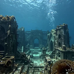 a landscape of ruined underwater civilisation