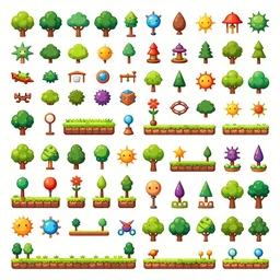 A game assets spritesheet fromori and the blind forest, Rayman legends and iconoclasts .  HD vector Containing modular props,  terrain, trees, 2d side view, platform, vector art, very detailed
