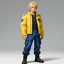 elven male, shaggy blonde hair. Wearing modern yellow leather jacket and blue camouflage pants. Modern, concept art, Akikazu Mizuno, anime