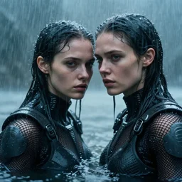 cinestill 5 0 d candid action photographic portrait by stanley kubrick of two loving female androids wearing rugged black mesh techwear in treacherous waters, extreme closeup, modern cyberpunk retrofuturism moody emotional cinematic, pouring iridescent rain, 8 k, hd, high resolution, 3 5 mm, f / 3 2, motion blur, ultra realistic faces, ex machina
