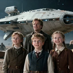 extremely sharp, detailed, from blockbuster sci fi 8 k color movie freeze frame, set in 1 8 6 0, family standing in front of a crashed spaceship, on alien planet, looking happy, wearing 1 8 5 0 s era clothes, atmospheric lighting, in focus, reflective eyes, 3 5 mm macro lens, live action, nice composition, good photography, clear facial details