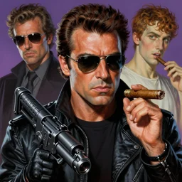 close portrait adriano celentano as terminator, vaporwave, terminator 2 movie, scene with machine gun, cigar, highly detailed, digital painting, artstation, concept art, smooth, sharp focus, illustration, art by artgerm and greg rutkowski and alphonse mucha