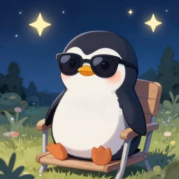 digital art of a cute and small penguin! sitting outside on a chair at night while wearing sunglasses, detailed, bright stars, trending on artstation, digital art, award winning art, detailed digital art, painting, trending on pixiv