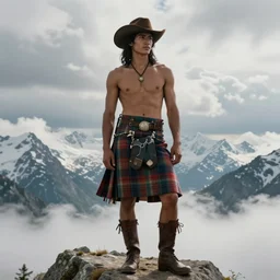 a homoerotic portrait by greg rutkowski and albert bierstadt of a young shirtless handsome! indian mountaineer on a mountain peak | he is wearing a revealing tartan kilt, cowboy hat, and leather boots | background is snowy mountains and clouds | detailed face, dramatic, ethereal, dreamlike | trending on artstation