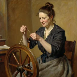 A 50 year old stout woman with hair in a bun who looks like Barbara Streisand, is spinning yarn on a spinning wheel, smiling slightly, content, by john singer sargent